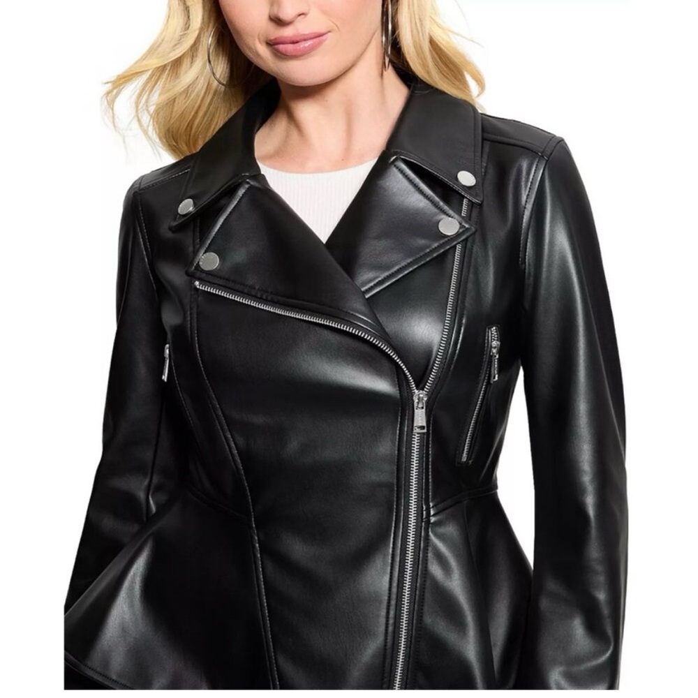 Guess by Marciano Black Faux Leather Peplum Moto Jacket - Picture 2 of 16